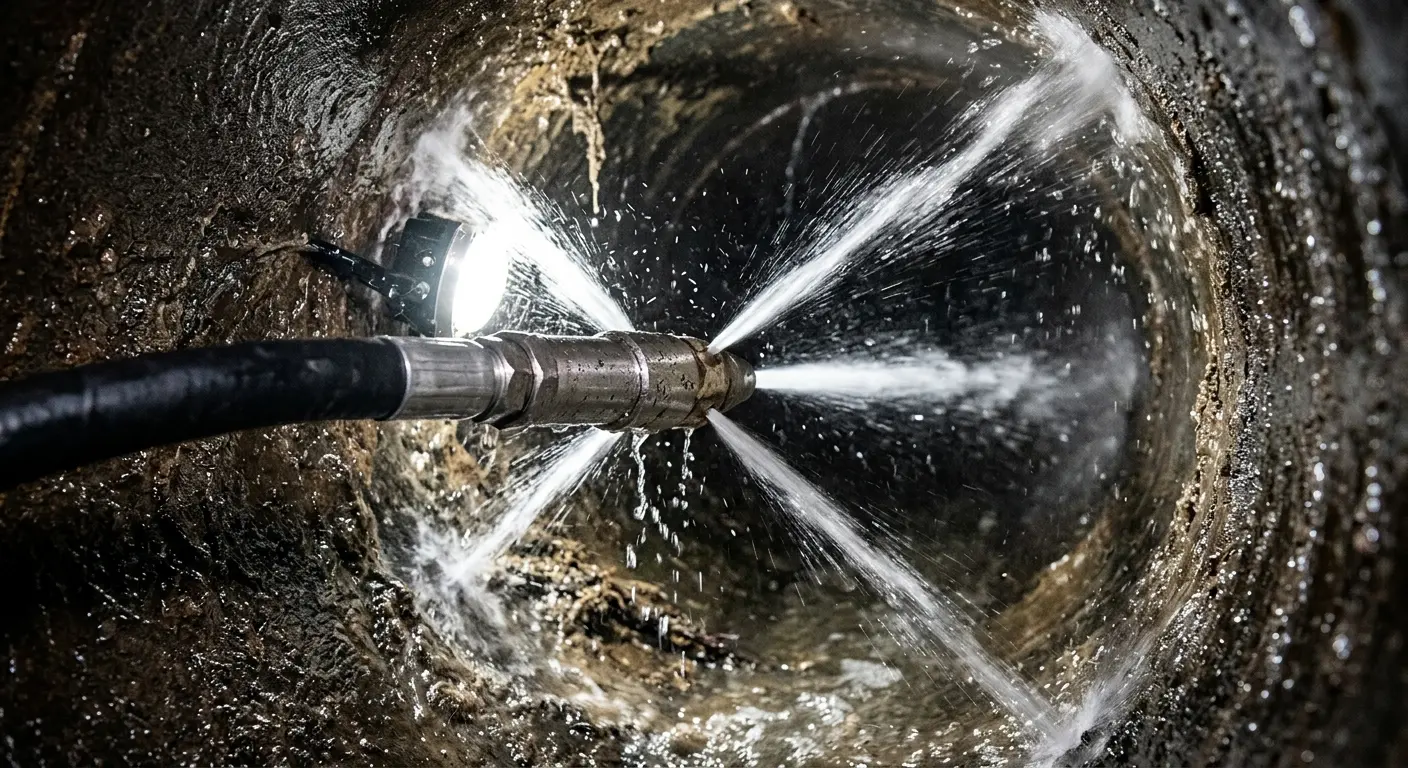 High-pressure hydro jetting nozzle cleaning sewer pipe for Sewer Cleanout in Roanoke