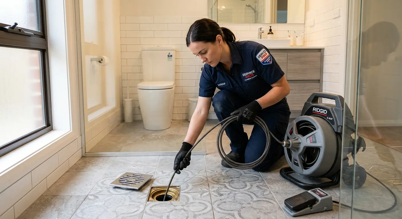 Technician clearing a bathroom floor drain for Drain Cleaning in Roanoke